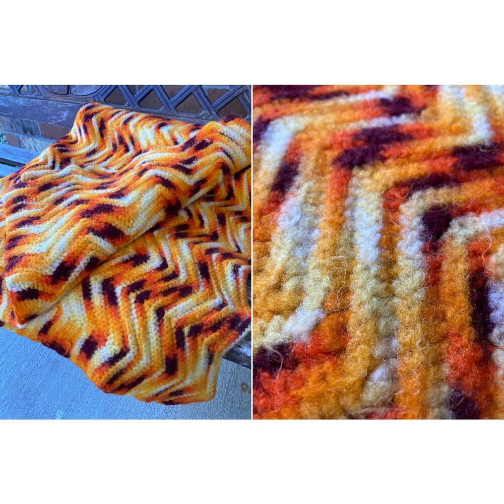 35" x 72" Chevron Wave Pattern Throw Wool Blanket Orange Vintage MCM